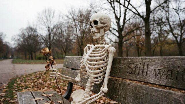 Camera panning right, zooming to show skeleton on park bench engraved Still waiting with dry rose
