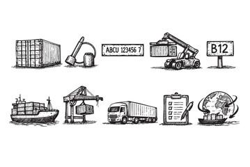 Naklejka premium A black and white sketch of cargo shipping, featuring container trucks, shipping containers, a cargo ship, and worldwide delivery, ideal for illustrating logistics and global trade.