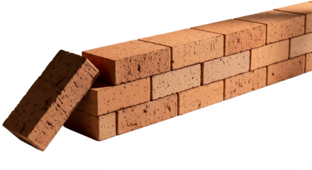 Stack of red bricks arranged in a horizontal line on white background
