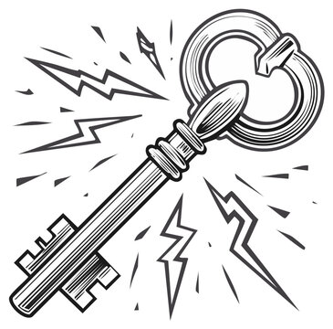 Antique Key with Energy Sparks, Detailed Vintage Style Line Art