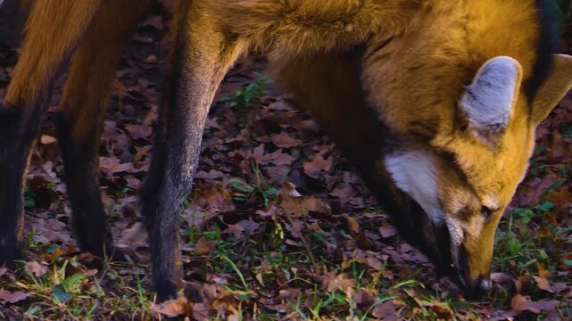 Close up of a mane wolf searching on a meadow on a sunny autumn day in slow motion.
