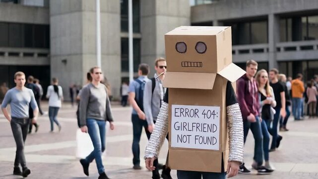 Standing cardboard robot in sleeves holding ERROR404 sign at plaza as crowd passing seeking notice