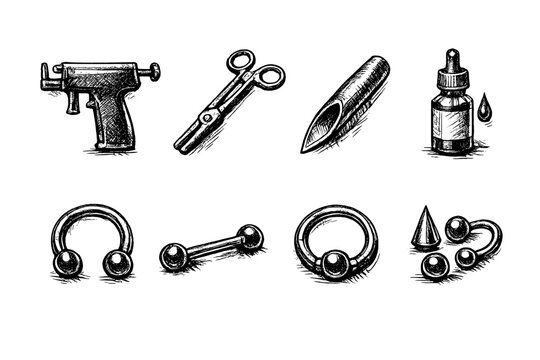 Collection of piercing tools and jewelry, hand-drawn sketch style