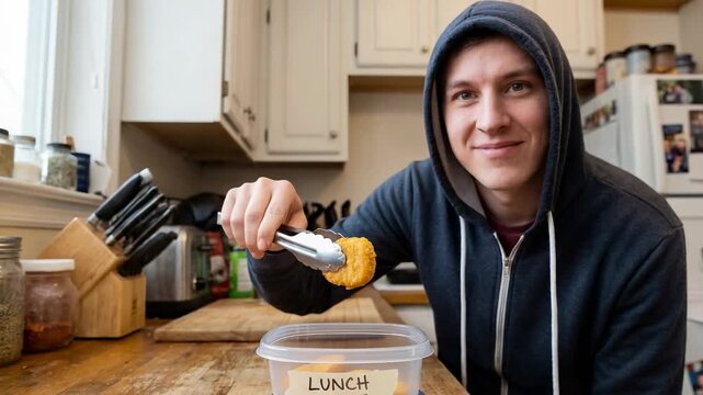 Seeing container labeled LUNCH DATE, hooded man packing nugget with tongs at home countertop