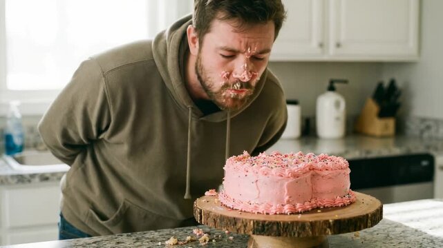 Leaning fast, man wearing olive-green hoodie pressing face into pink frosted cake on stand, eating