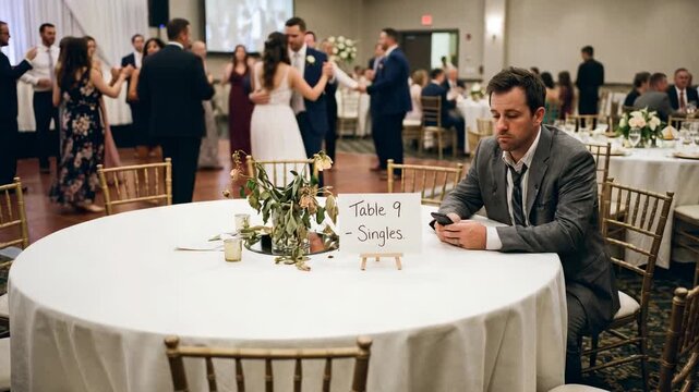 Song starting, dancing at reception as gray-suited man holding phone at Table 9-Singles, copy space