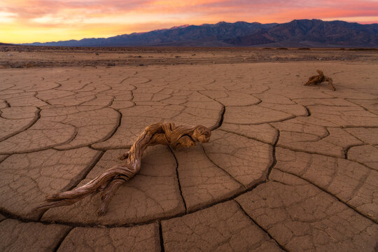 View of cracked earth stretches under a vibrant sunset sky, contrasting textures of dry land and distant mountains, Stovepipe Wells, CA, United States.