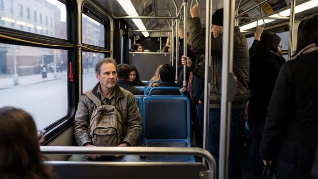 Noticing passing cars, middle-aged man shifting gaze on city bus, holding backpack and wearing coat