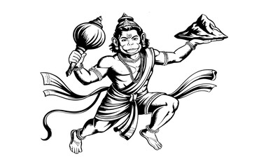 Fototapeta premium Lord Hanuman Carrying Dronagiri Mountain Silhouette Vector, Hindu Monkey God Bajrangbali with Gada Mace, Ramayana Epic Religious Illustration, Hanuman Jayanti Spiritual Graphic Art on White
