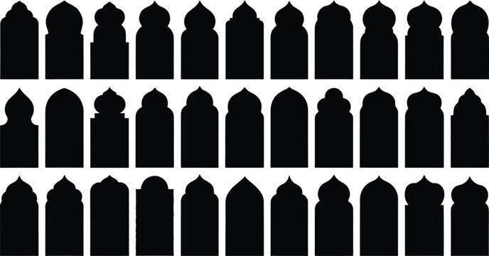 Collection of black tombstones in uniform grid pattern on white background.