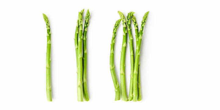 Fresh green asparagus composition isolated on white background. Minimalist food layout with single, three and five spears, clean copy space for healthy cooking, branding and seasonal concepts