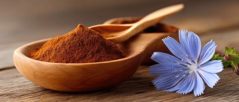 Chicory powder in wooden bowl with spoon beside blue wildflower on sunny background