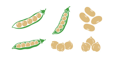 A bunch of Icons showcasing Bean Pods and Seeds, like Green Peas and Chickpeas, which are Natural Vegetables. Kidney Harvest, Healthy Food set against a White Background. Organic Veggies
