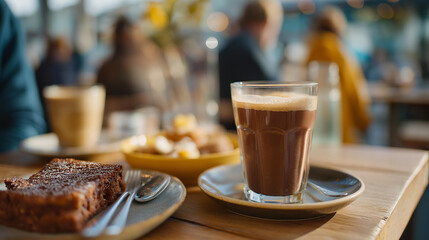 A bustling café scene highlights customers enjoying rich, creamy coffee beverages and pastries, which are bad for heart health, emphasizing the allure of high-calorie indulgences. cinematic color