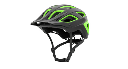 Black and green bicycle helmet with ventilation holes and chin strap isolated on transparent background