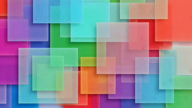 Colorful overlapping squares geometric abstract shapes transparency vibrant playful pattern background