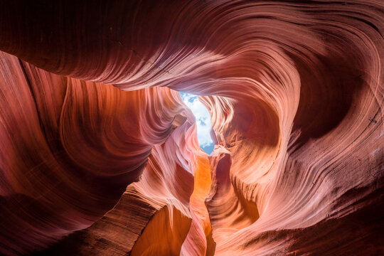 View of the sandstone canyon walls swirling in a breathtaking dance of light and shadow, revealing a glimpse of the sky above, Escalante, Utah, United States.