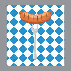 Delicious grilled sausage on a fork with a traditional blue and white checkered background, perfect for Oktoberfest or food themes.