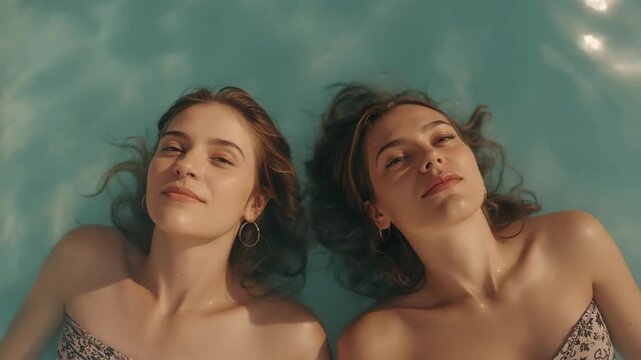 Floating two women resting on backs at pool, in patterned bandeaus with hoops and sunlit ripples