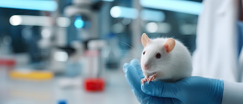 Person in blue lab coat holds two white and black rats on laboratory table during research activity