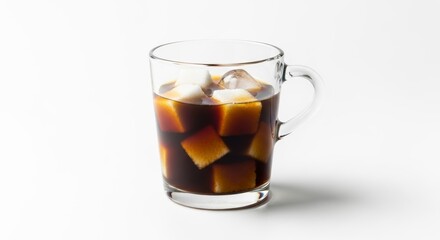 A glass mug of iced coffee with sugar cubes on a bright white background.