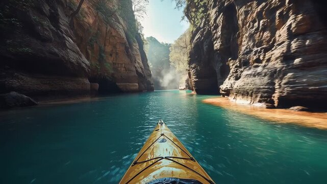 Moving yellow kayak bow through narrow canyon toward sunlit gap, showing deck hatch bungee cords
