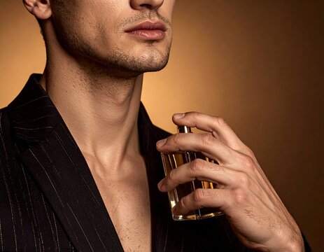 Handome man holding whiskey glass in elegant black pinstripe suit, close-up, sensual, luxurious atmosphere, golden background, sophisticated ambiance, masculine charm, seductive gaze.