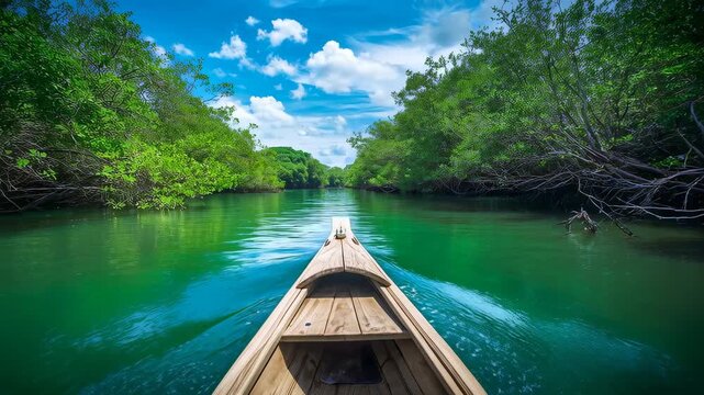 Gliding wooden boat bow cutting through narrow mangrove channel, leaving V-shaped wake behind