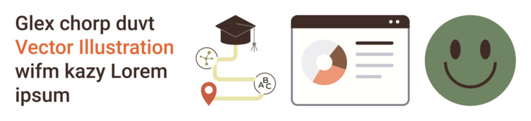 Fototapeta premium Education, e-learning, language proficiency, analytics, communication, emotions. Graduation cap with flowchart, analytics chart in a browser green smiling face. Education and analytics concept