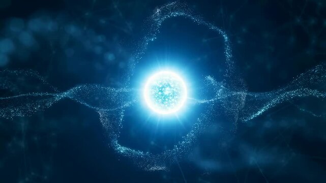 Glowing blue particle surrounded by swirling energy waves. Represents the concept of atomic energy and the fundamental building blocks of matter