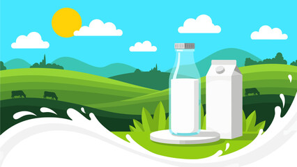 Sunlit green pastures and grazing cows set the stage for farm-fresh dairy purity, showcased by a glass bottle and carton standing proudly amidst a creamy white splash © Skyframe