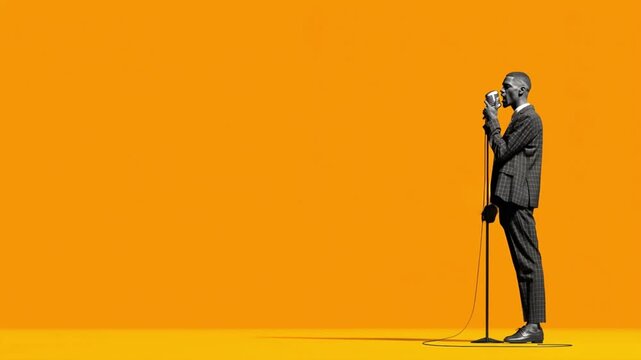 Stylish Male Singer Performing with Vintage Microphone on Yellow Background. Pop Music, Retro Style, Solo Artist.