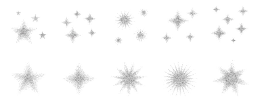 Gradient star burst with halftone dots and grainy texture creates dynamic graphic design with stippled noise effects and sparkling glitter element. Vector dotworks gritty shapes illustration.