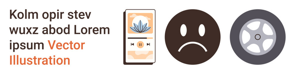 Fototapeta premium Communication, emotions, automotive, media, technology, design concepts. a music player, sad face emotion and a wheel icon. Communication and emotions for creative uses