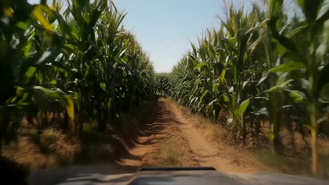 Driving off-road vehicle moving down narrow dirt track at cornfield, hood visible, dust rising