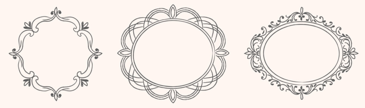 Elegant hand drawn ornamental frames set with floral curves and vintage lace detail. Decorative round and oval borders. Classic paper cut design for invitations, label, stationery. Vector illustration