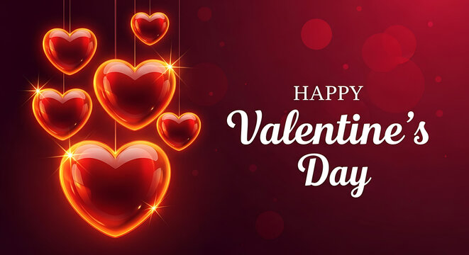 Happy Valentine's Day with shiny red hearts on dark background