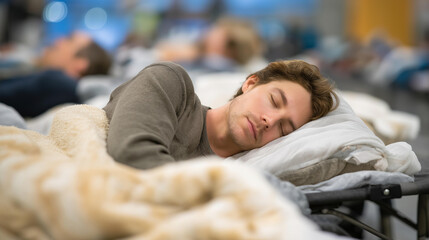 Fototapeta premium In an emergency shelter designed for rapid response, rows of cots with bedding ensure every person has a safe place to rest, reflecting the need for quick setup and adequate accommodations during