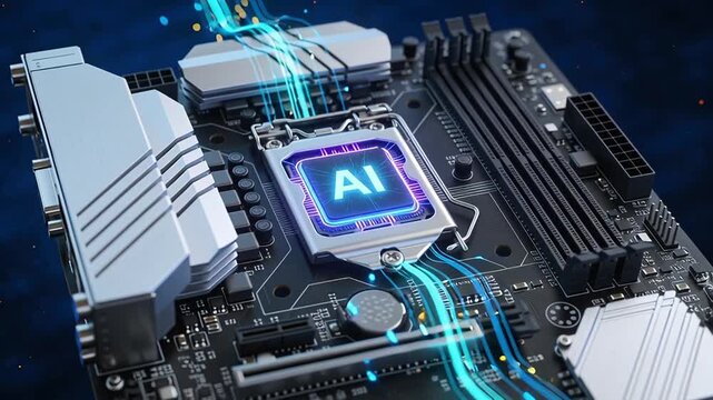 AI Processor on Motherboard with Glowing Connections.