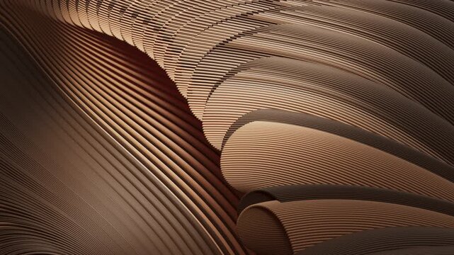 A 3D animation with smoothly curving two-colored lines that ultimately form an ornament, filling the entire screen and creating the effect of wave-like movement and depth. Alpha Channel.