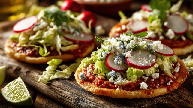 Traditional Mexican sopes: masa discs topped with refried beans, cheese, lettuce and salsa