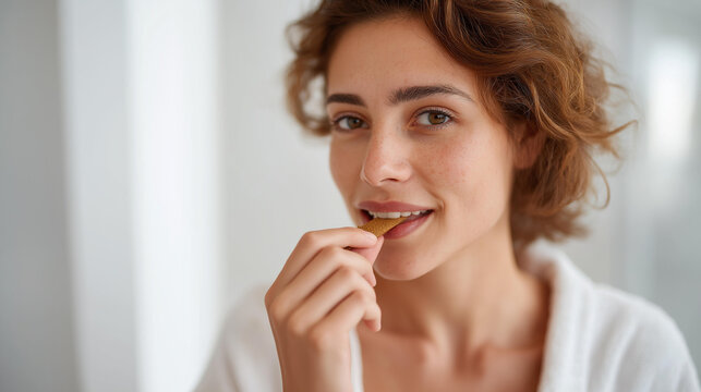 In a contemporary bathroom, a person chooses miswak brushing teeth over traditional methods, focusing on the benefits of natural ingredients for promoting oral health and everyday freshness.