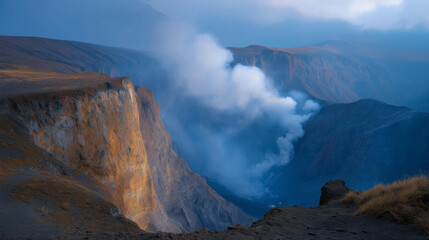 A dramatic landscape featuring a volcanic crater with smoke, demonstrating the forces of nature at work, ideal for educational materials or publications focusing on the importance of understanding