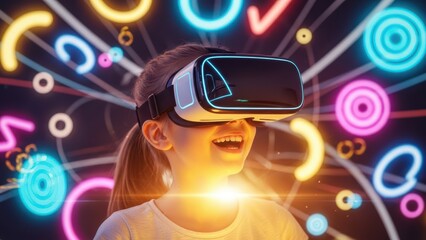 Child Immersed in VR World: A child wearing a virtual reality headset is completely engrossed in an augmented digital environment, surrounded by illuminated shapes and colors.