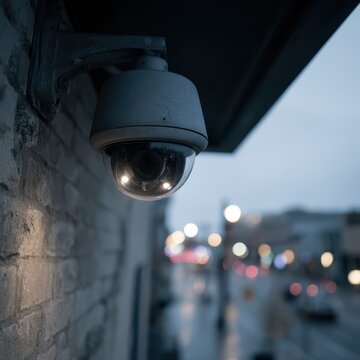 Urban exterior security camera mounted under an overhang with cable wiring