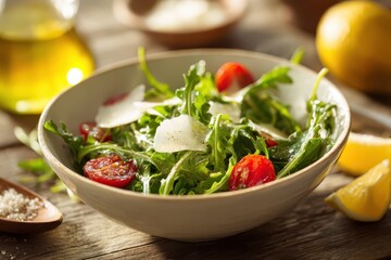Vibrant arugula greens with cherry tomatoes, shaved cheese, and citrus accents in a white bowl