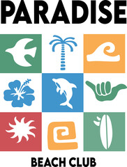 Vector graphic set with a tropical surf theme graphics. Perfect for t-shirt print, posters, and other surfing related designs