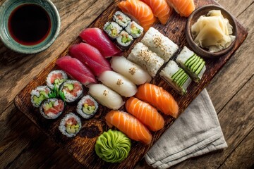 Fototapeta premium Vibrant Japanese sushi collection arranged on natural wood for elegant dining