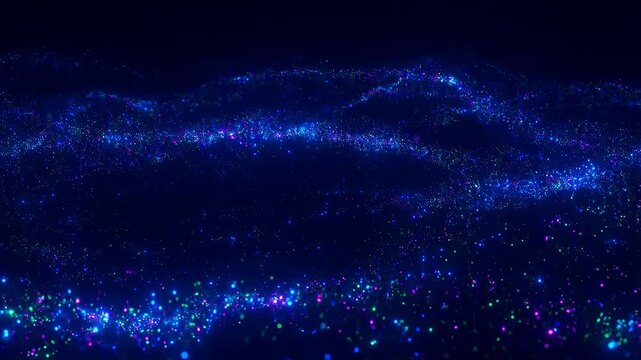 Vibrant abstract waves of glowing particles in a dark space. Represents digital innovation, technology, and creative expression