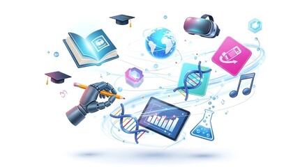 Abstract digital art showcasing education and innovation with glowing DNA strands, books, VR headset, globe, musical notes, and data charts.